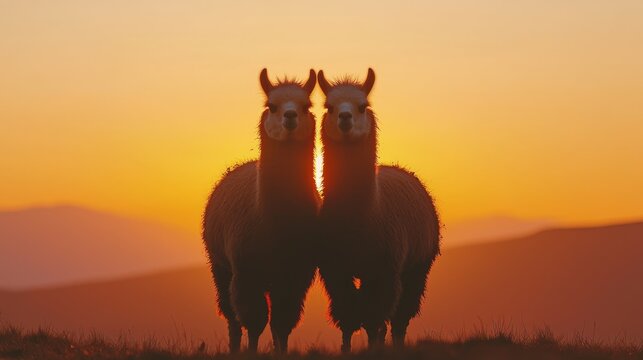 Two serene llamas standing together on a hilltop at sunset, their fur glowing in the warm light. - Powered by Adobe