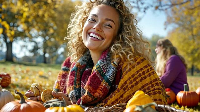 Smiling woman enjoying autumn day at pumpkin patch with colorful leaves in the background