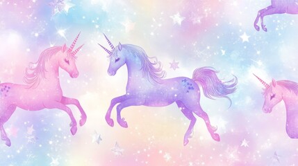 Fototapeta premium A scene depicting pink and purple unicorns prancing amidst a starry, pastel-toned sky, evoking a sense of fantasy, magic, and childlike wonder in a storybook style.