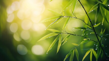 Dewy bamboo leaves in sunlight.