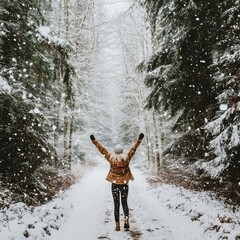 A joyful photograph of a person in a winter forest, embracing the snowfall with open arms, capturing the exhilaration and freedom of nature's wintry embrace.