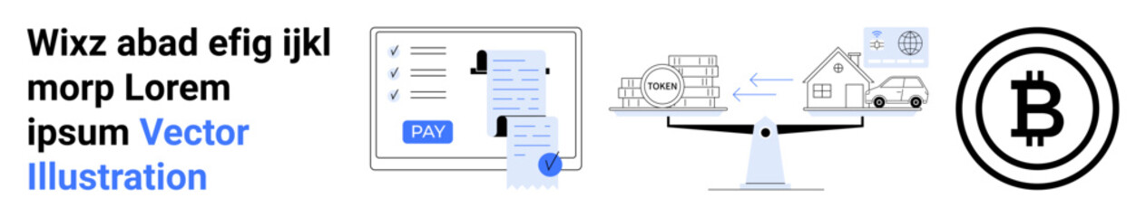 Digital payment screen, blockchain grid, house with car, balance scale, and Bitcoin icon. Ideal for finance, cryptocurrency, technology banking economy investment and business trends. Abstract