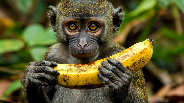 Young monkey enjoys banana while sitting among lush greenery in a tropical forest