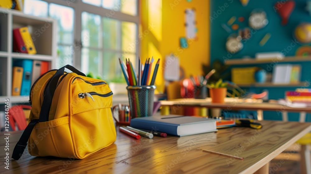 Poster yellow backpack rests on a desk in an unoccupied classroom, hinting at the student's impending arriv