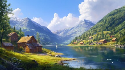 Fototapeta premium A peaceful Finnish village by a calm lake with green hills in the background, surrounded by space for design elements.