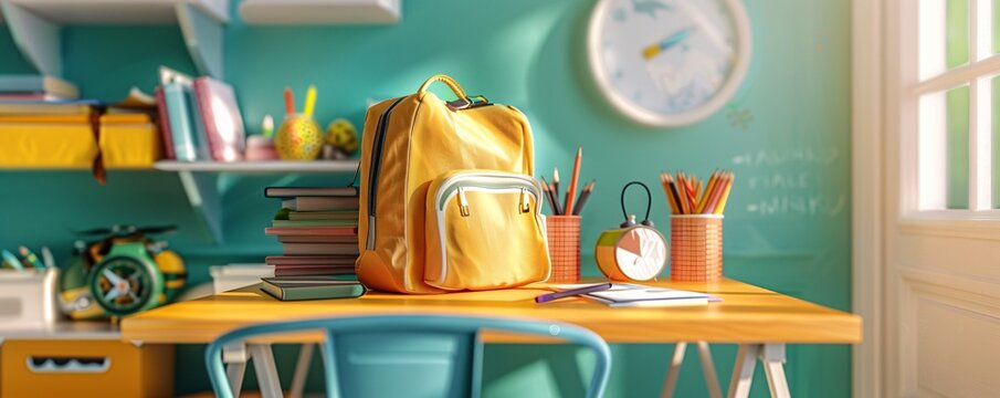 Sunny classroom with a yellow backpack on the desk, waiting for the new school year to begin