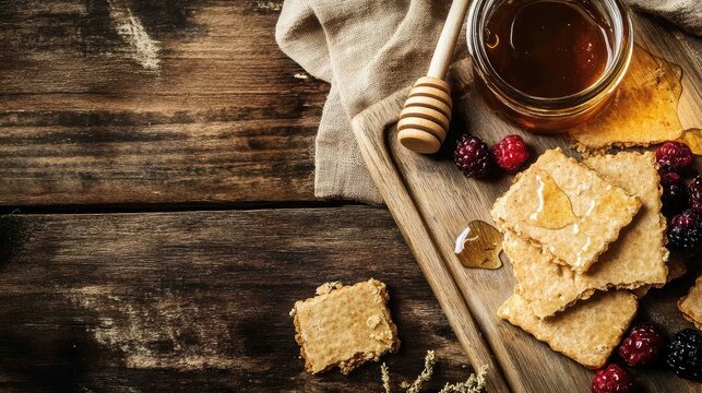 A rustic wooden board with Finnish oatcakes kaurakeksi, honey, and berries, with clear space for captions.
