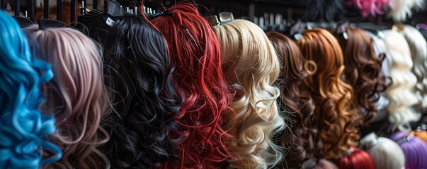 Hairstylist is organizing vibrant wigs on a steel stand in a hair studio