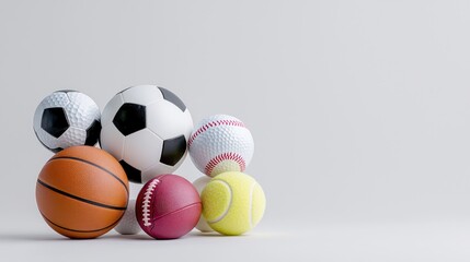 Assorted sports balls on white background, suitable for sports websites or marketing