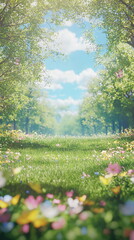 Obraz premium A tranquil pathway lined with blooming flowers and lush green trees under a clear blue sky filled with fluffy white clouds during a bright sunny day.