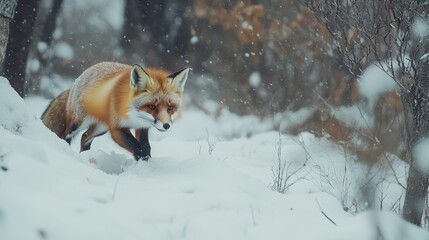 A red fox prowls through a snow-covered forest, its fur standing out vividly against the wintery white background as snowflakes float around silently.