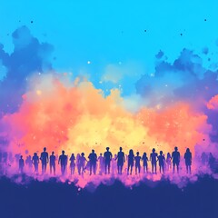Naklejka premium Crowd Silhouettes Sunset Sky Hopeful Background
