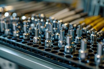 Rows of spare parts for industrial machinery sitting in a factory