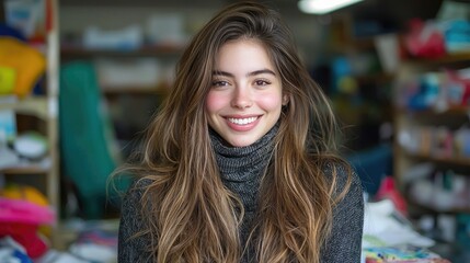 Smiling woman in craft store, shelves blurred background, portrait