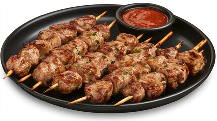 Fototapeta premium Juicy lamb skewers served on a sleek black dish with a tangy dipping sauce, ample space for overlays.