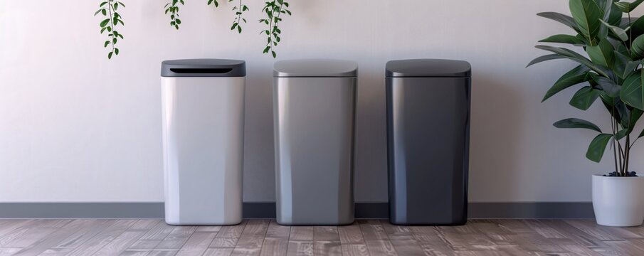 Three recycling bins standing against white wall in modern office interior design with plants