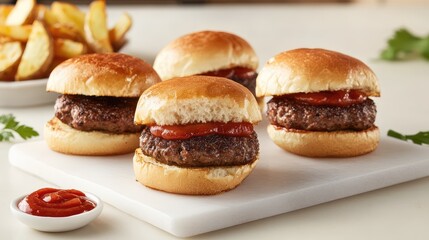Lamb burgers served with golden potato wedges and ketchup, displayed cleanly with open space for design.
