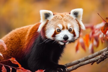 Fototapeta premium A charming red panda is enveloped in autumn foliage, looking curiously, capturing the essence of fall's vivid colors and nature's playful side.
