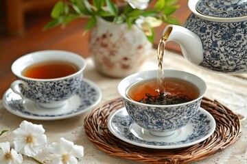 Serene tea preparation scene with floral arrangement, showcasing a teapot pouring into a cup