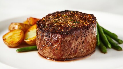 Perfectly cooked venison steak with a seared crust, served with roasted potatoes and green beans on a neutral background.