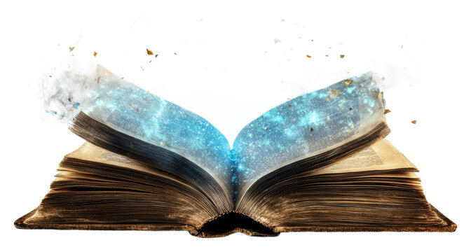 Open book releasing magical sparkles into the air isolated on transparent background