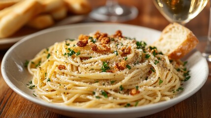 Delicious Spaghetti with Crumbled Topping and Wine Glass in Background