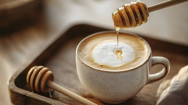 Sweetening a latte with a drizzle of honey. A simple pleasure.