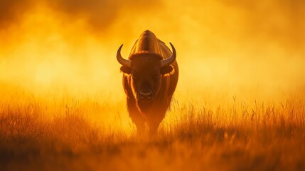A majestic bison stands in a field at sunrise, surrounded by warm, glowing light, creating a serene and powerful atmosphere in this captivating nature scene.