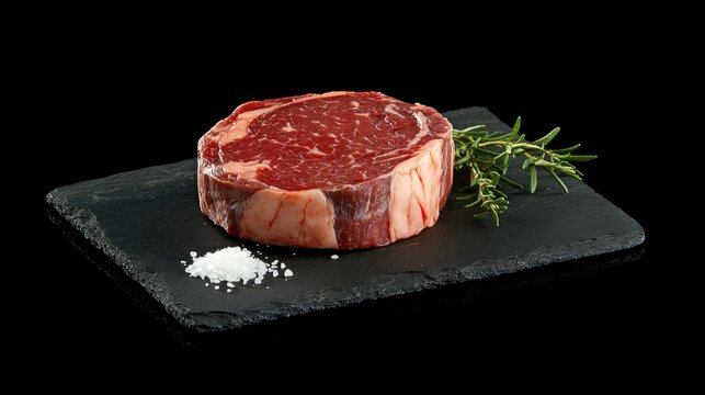 Raw Wagyu beef ribeye steak with detailed marbling, placed on a slate board with a pinch of sea salt and fresh herbs for a luxurious visual.