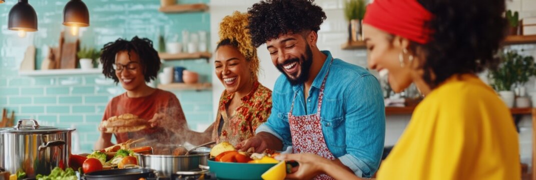 Multicultural group of friends enjoying cooking together in a bright kitchen - Powered by Adobe