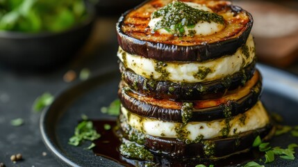 Grilled Eggplant Stacks with Cheese and Herb Sauce on Dark Plate