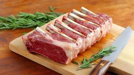 Fototapeta premium Top view of a lamb rack with a perfect sear, placed on a wooden cutting board with a sharp knife and sprigs of rosemary nearby.