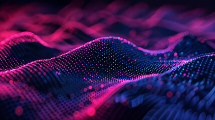 Undulating waves of vibrant pink and blue particle mesh creating abstract digital landscape, with flowing dots forming dynamic topographic surface in neon cyberpunk style