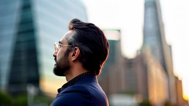 Happy wealthy rich successful business man standing in big city modern skyscrapers street on sunset thinking of successful future vision, dreaming of new investment opportunities.