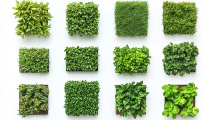 A vibrant collection of various green plants arranged in square planters on a white background
