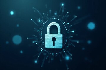 A digital lock icon surrounded by glowing blue particles, symbolizing cybersecurity and protection in a modern, tech-based world.