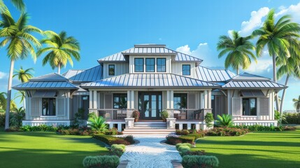 Fototapeta premium Beach house blueprint showcasing hurricane-resistant features. Elevated foundation, storm shutters, salt-resistant materials, and meticulous wind load calculations ensure coastal resilience.