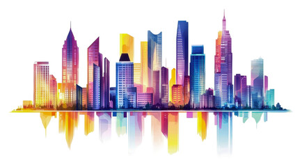 Fototapeta premium Vibrant city skyline reflecting on the water isolated on transparent background