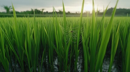Obraz premium Lush Green Rice Field with Dewy Spider Web Glimmering in the Sunrise, Capturing the Essence of Nature's Beauty and Serenity in an Agricultural Landscape