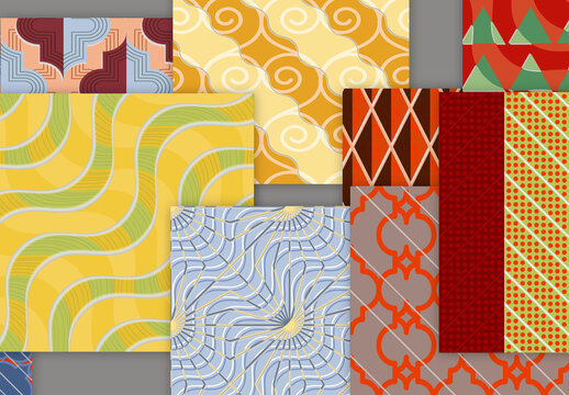 Seamless Pattern Set with Geometric Shapes and 3D Shadow Effect Muted Colors