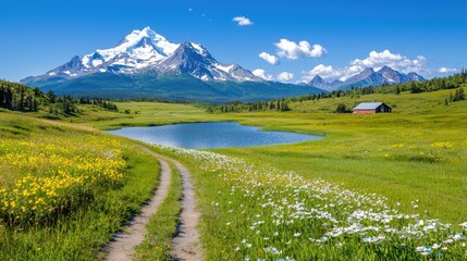 Obraz premium Winding dirt path leads through a vibrant wildflower meadow toward a serene alpine lake and majestic snow-capped mountain peak on a sunny day.