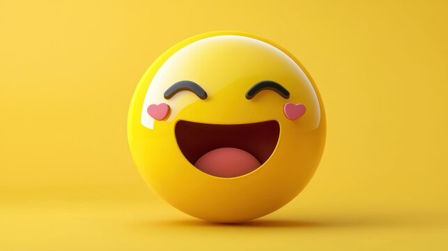 Joyful 3D Emoji Illustration: A Vibrant Yellow Smiley Face with Hearts, Expressing Happiness and Positive Emotions on a Yellow Background