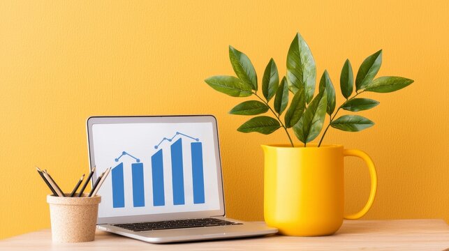 Vibrant Workspace Setup Featuring Upward Trending Bar Graph on Laptop Screen with Yellow Pitcher and Green Plant - Powered by Adobe