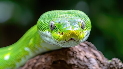 Obraz premium Close-up of a vibrant green tree python head resting on a branch in a lush jungle environment.