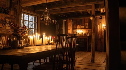 Rustic cabin dining room candleslit dinner