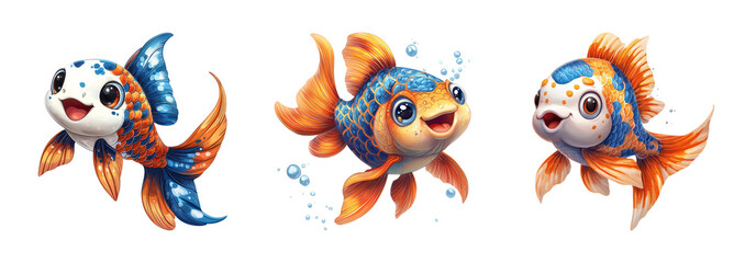 Obraz premium Colorful Cartoon Goldfish Characters on Transparent Background