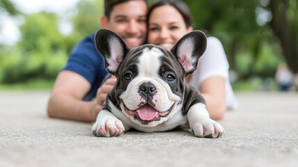 Happy couple cuddling puppy in park, outdoor fun.  Perfect for pet adoption campaigns