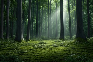 Obraz premium A tranquil forest scene featuring towering trees bathed in soft light, surrounded by lush green undergrowth, creating an atmosphere of peace and natural beauty.