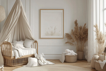 Scandinavian children room interior in pastel beige colors. modern living room with sofa and...