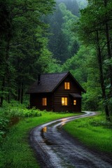 Fototapeta premium A cozy cabin nestled in lush greenery, surrounded by tall trees and a winding path.